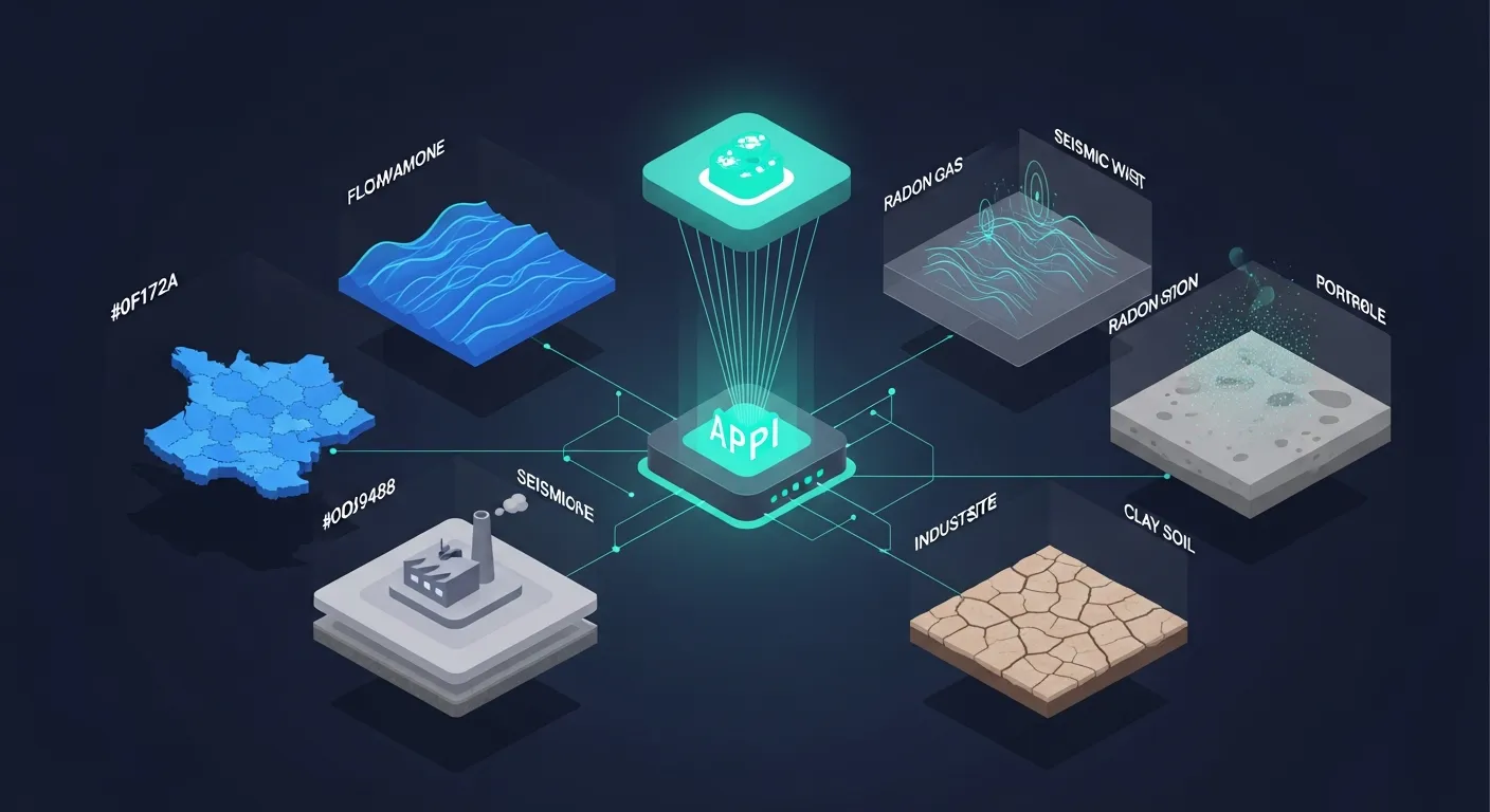 Illustration isométrique 3D d'un hub API teal connecté à des couches de données de risques (inondation, sismicité, radon, ICPE, argiles) agrégées en un seul point d'accès, sur fond bleu nuit