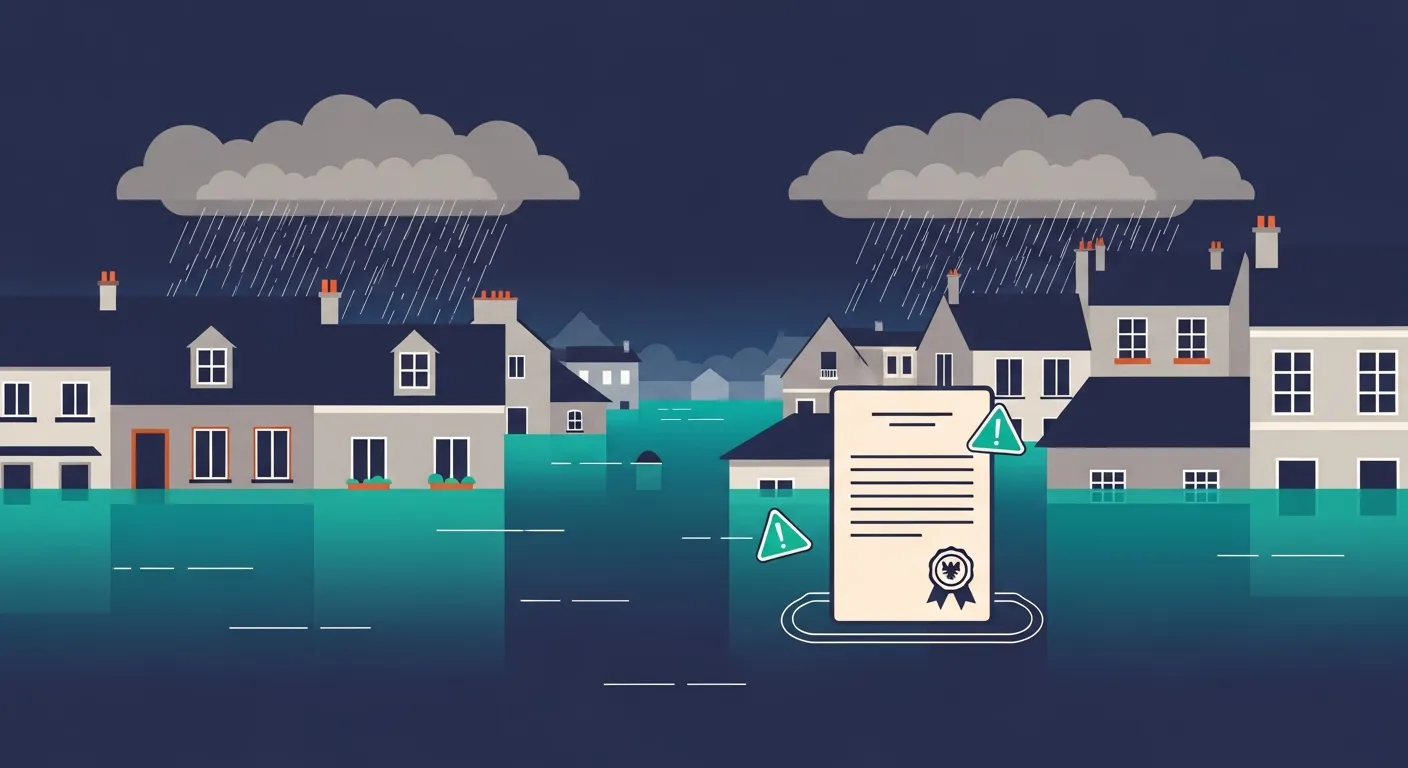 Illustration flat design d'une rue résidentielle française inondée sous la pluie avec un arrêté officiel tamponné, sur fond navy avec accents teal