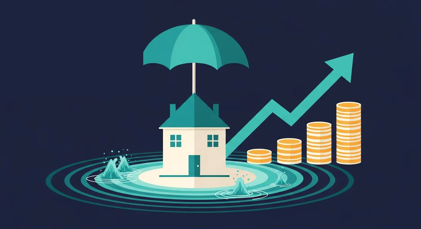 Illustration flat design d'une maison entourée d'eau sur une carte de risque, protégée par un parapluie d'assurance, avec un graphique de pièces en euros en hausse, en teal sur fond navy