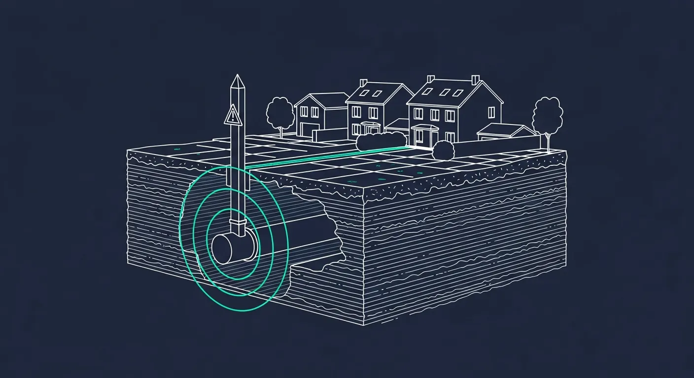 Illustration line art blueprint en coupe d'une canalisation de transport de gaz enterrée passant près de maisons, avec borne de signalisation et zones de sécurité concentriques teal, sur fond navy