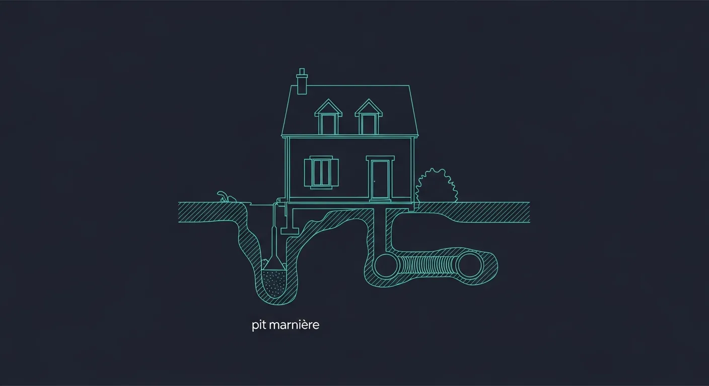 Illustration line art teal d'une coupe de terrain révélant des cavités souterraines et une marnière sous une maison, sur fond navy