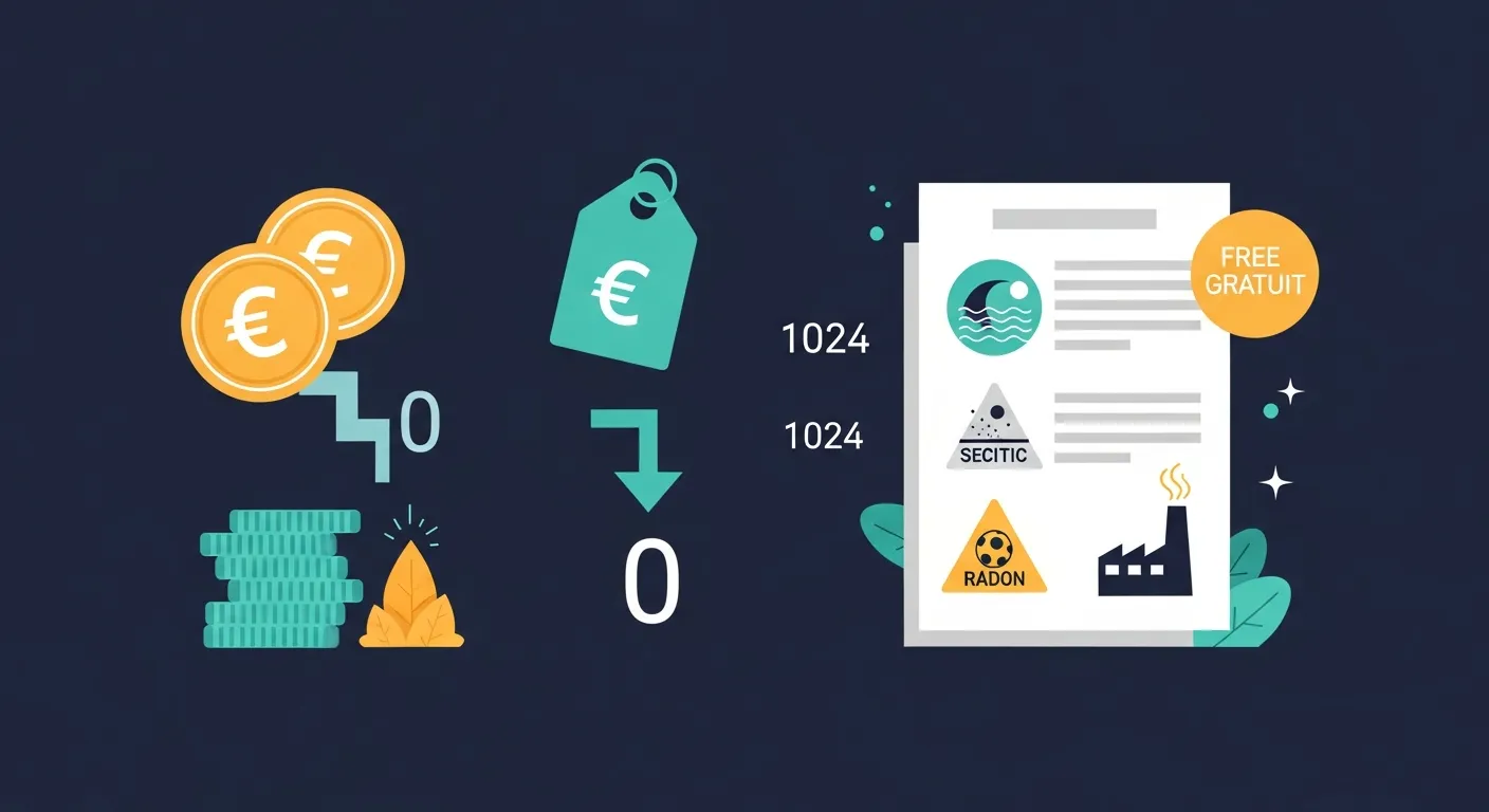 Infographie abstraite en teal et blanc sur fond bleu nuit montrant le coût d'un état des risques : pièces d'euro, étiquette de prix, flèche vers zéro, badge gratuit et document avec icônes de risques