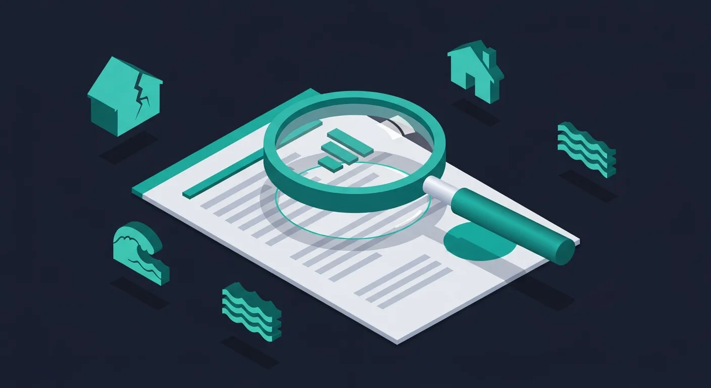 Illustration isométrique 3D teal d'une loupe examinant un document d'état des risques immobilier, entourée d'icônes de risques (fissure, inondation, séisme, usine, radon), sur fond navy