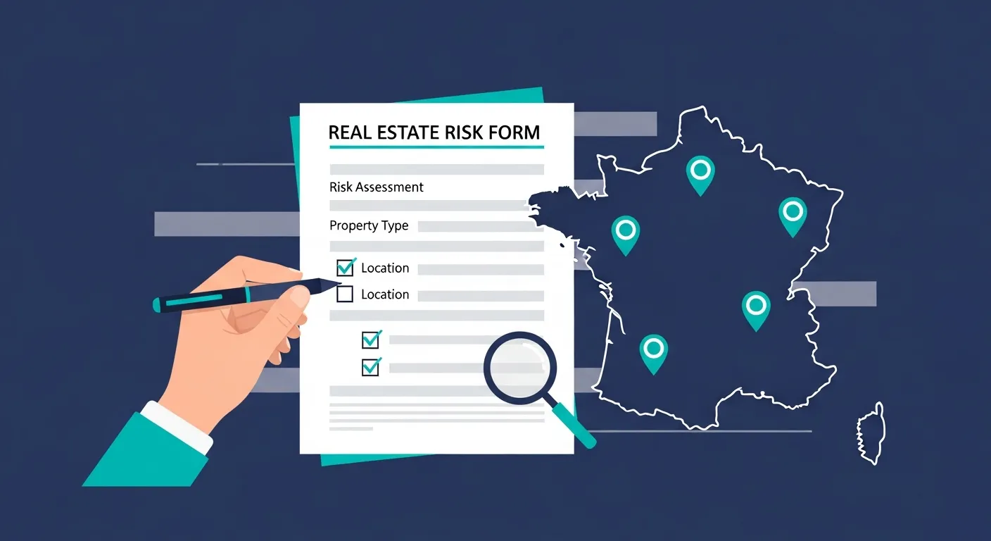 Illustration flat design sur fond bleu nuit montrant une main qui remplit un formulaire d'état des risques avec des cases cochées en teal, à côté d'une carte de France avec des repères de localisation