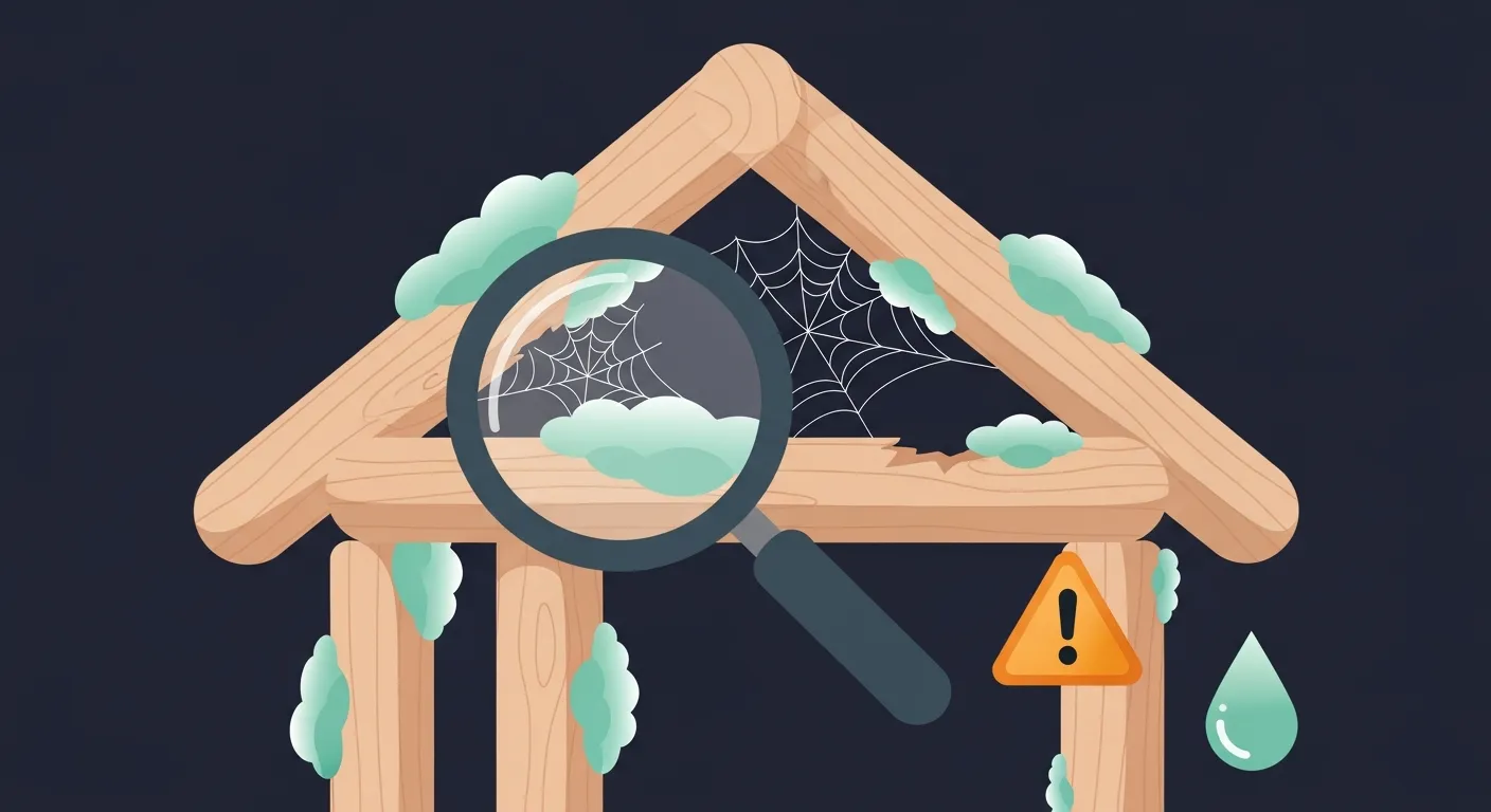 Illustration flat design teal sur fond navy d'une charpente en bois envahie par la mérule (mousse et toile de champignon), inspectée à la loupe, avec un triangle d'alerte et une goutte d'humidité