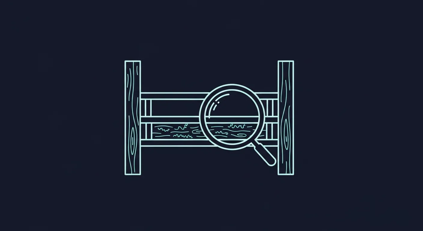 Illustration line art d'une charpente en bois inspectée à la loupe révélant des galeries de termites, en teal sur fond navy