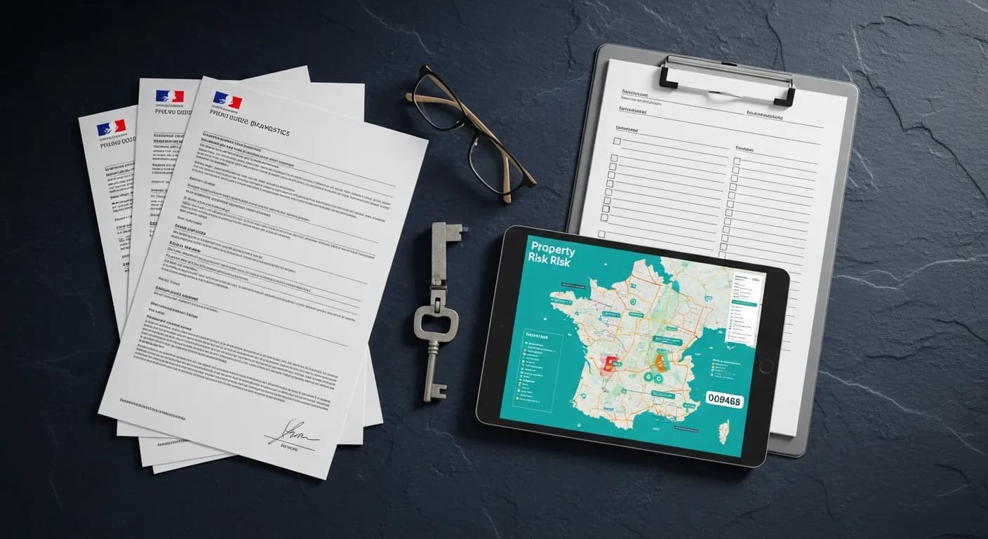 Photographie en vue de dessus sur un bureau en ardoise bleu nuit d'une pile de documents de diagnostics immobiliers, d'une checklist, d'une clé de maison et d'une tablette affichant une carte des risques de France en teal