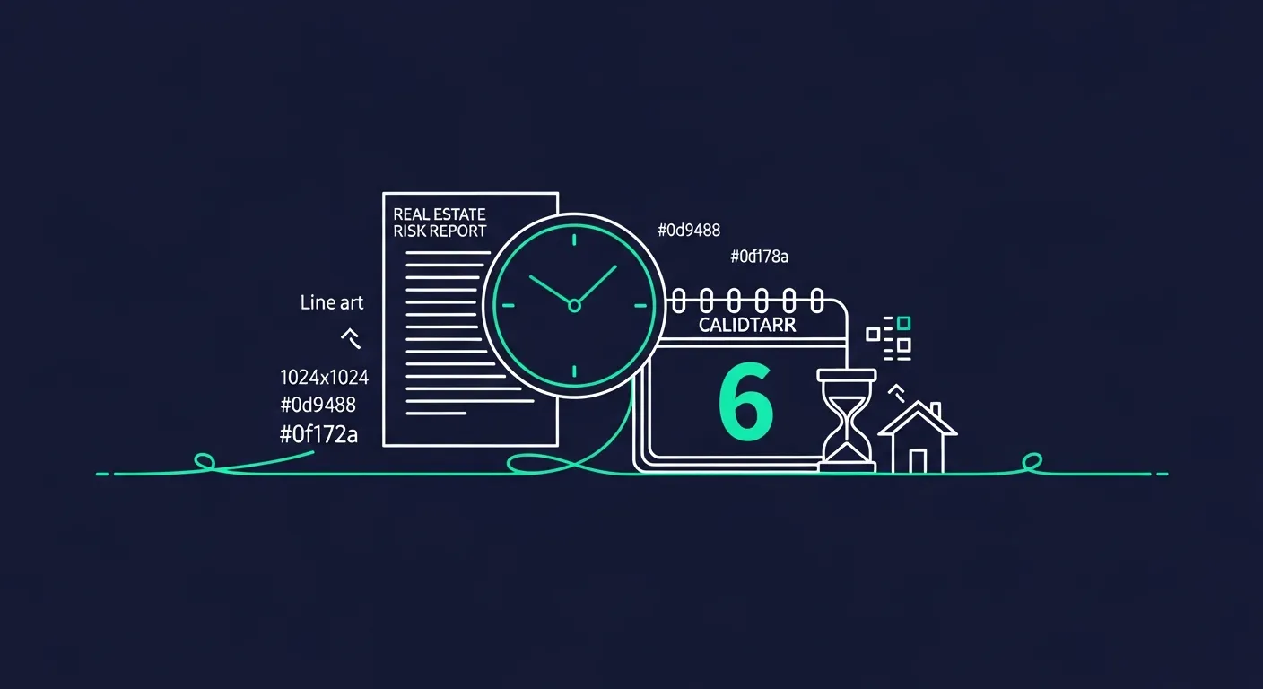 Illustration line art en teal sur fond bleu nuit représentant un document d'état des risques, une horloge et un calendrier marqué 6 symbolisant la durée de validité de six mois d'un ERP