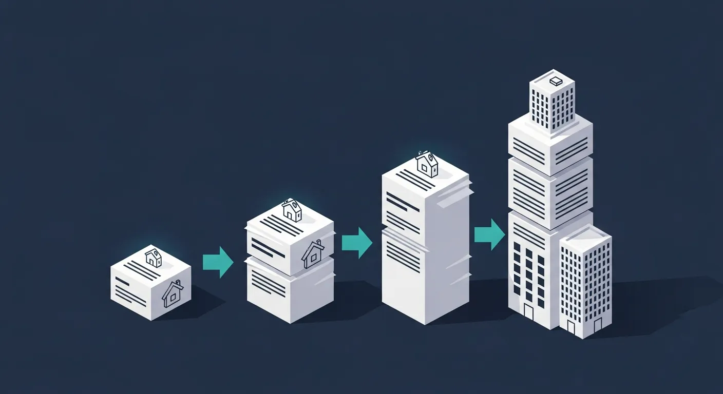 Illustration isométrique 3D teal sur fond navy représentant l'évolution en quatre étapes d'un document officiel de risques immobiliers (ERNT, ERNMT, ESRIS, ERP) reliées par des flèches teal sur une frise chronologique