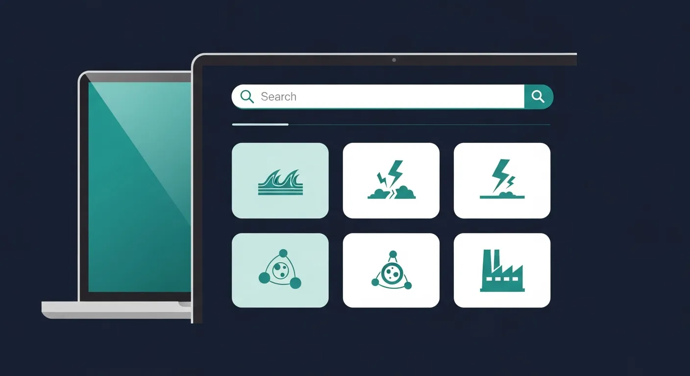 Illustration flat design teal d'un ordinateur portable générant un état des risques immobilier en ligne à partir d'une adresse, avec des cartes d'icônes de risques, sur fond navy