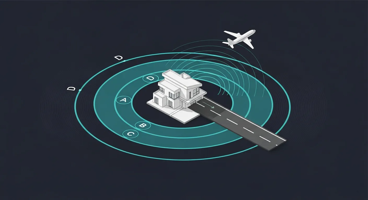 Illustration isométrique 3D teal d'une maison près d'une piste d'aéroport, entourée de zones de bruit concentriques A, B, C, D, sur fond navy