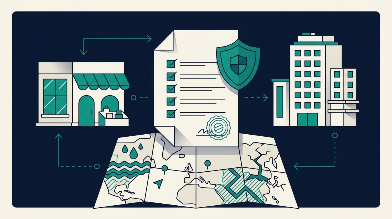Illustration flat design teal sur fond navy : une boutique et un immeuble de bureaux, un contrat de bail commercial avec une check-list et un tampon, un bouclier de conformité et une carte de parcelle avec zones de risques colorées