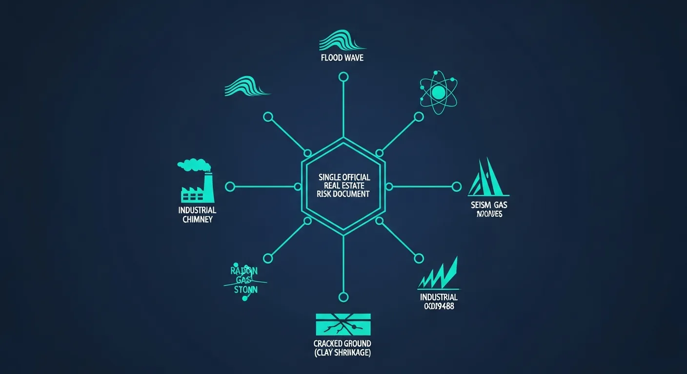 Infographie abstraite sur fond bleu nuit montrant un document d'état des risques au centre relié par des lignes teal à six pictogrammes de risques : inondation, sismicité, radon, installation industrielle, argiles et pollution des sols