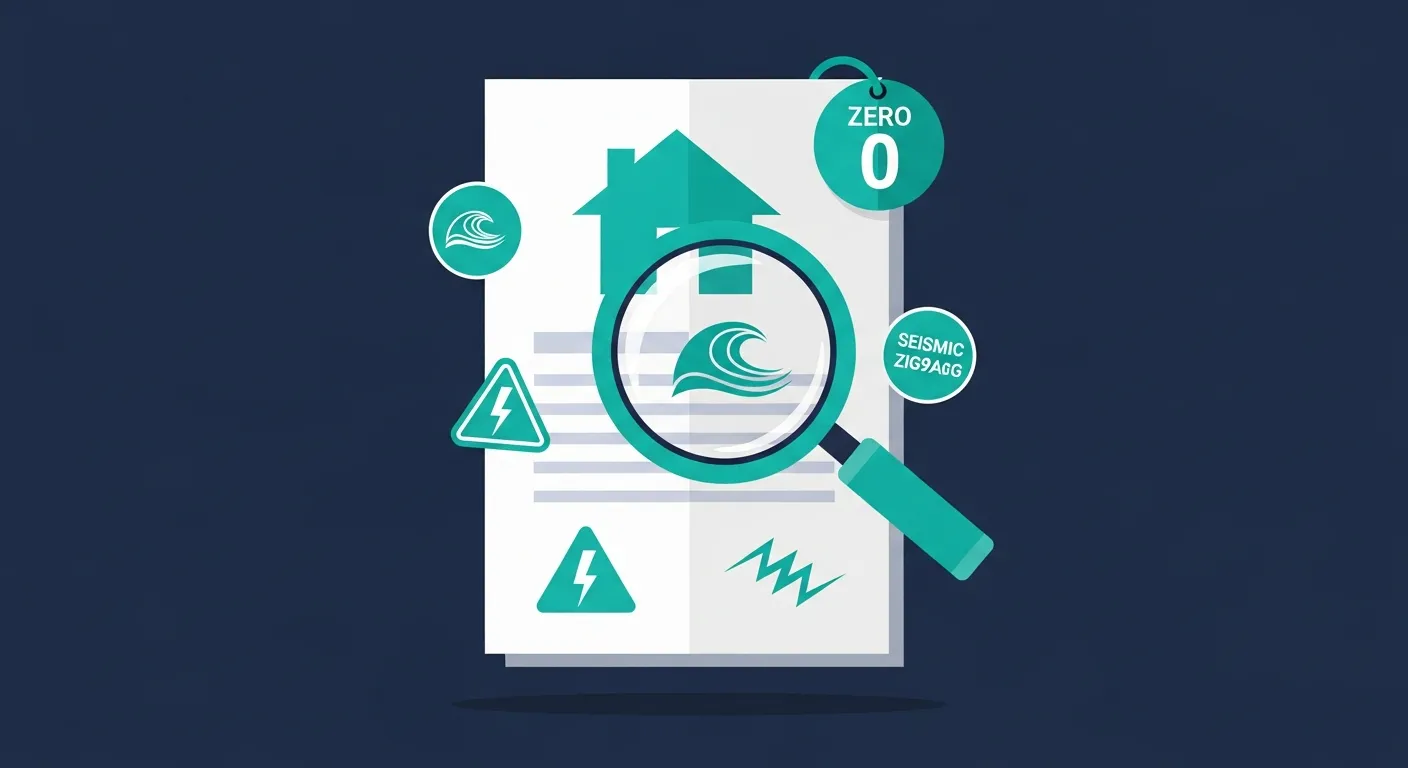 Illustration flat design teal sur fond navy d'un état des risques immobilier gratuit : document avec étiquette de prix à zéro, maison, loupe d'inspection et icônes de risques (inondation, séisme, radon, usine)