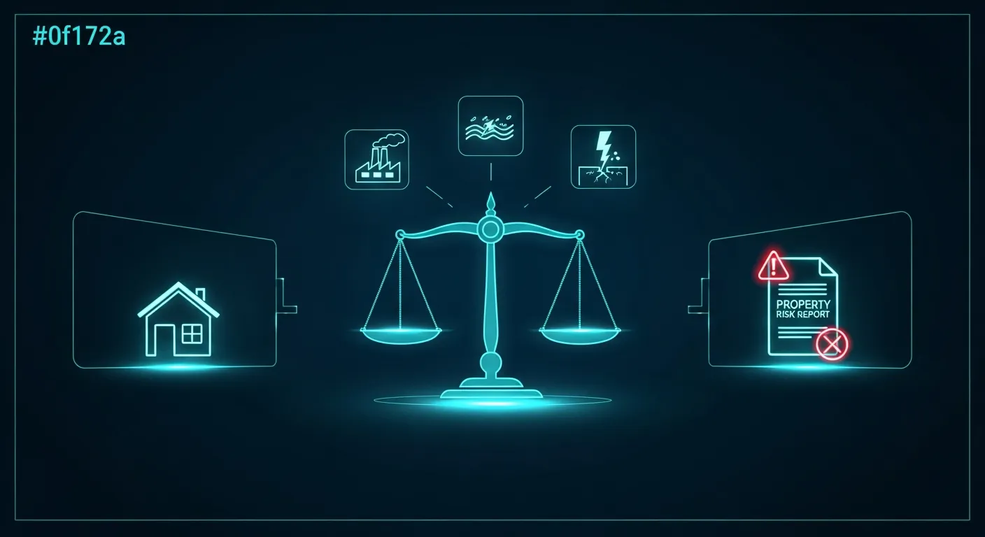 Illustration futuriste teal sur fond navy représentant une balance de la justice holographique : d'un côté une maison, de l'autre un document d'état des risques barré d'une croix d'alerte, entouré d'icônes de risques (inondation, séisme, usine)