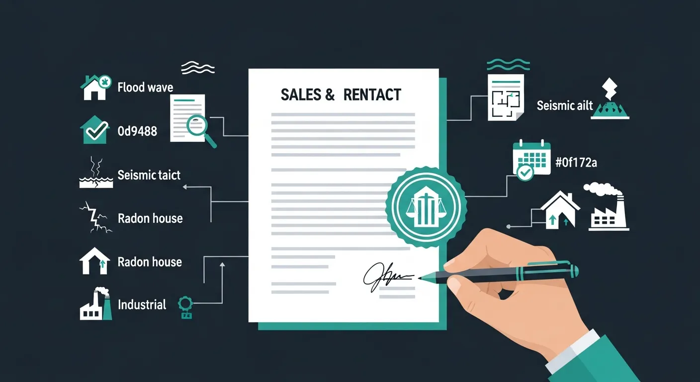 Illustration flat design d'un contrat de vente et location immobilière signé et tamponné, entouré d'une checklist d'obligations et d'icônes de risques (inondation, séisme, radon, site industriel) en teal sur fond bleu nuit
