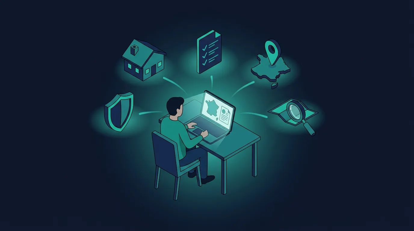 Illustration isométrique 3D teal et navy d'un propriétaire générant lui-même son état des risques immobilier sur un ordinateur portable, entouré d'icônes de maison, bouclier, document et carte