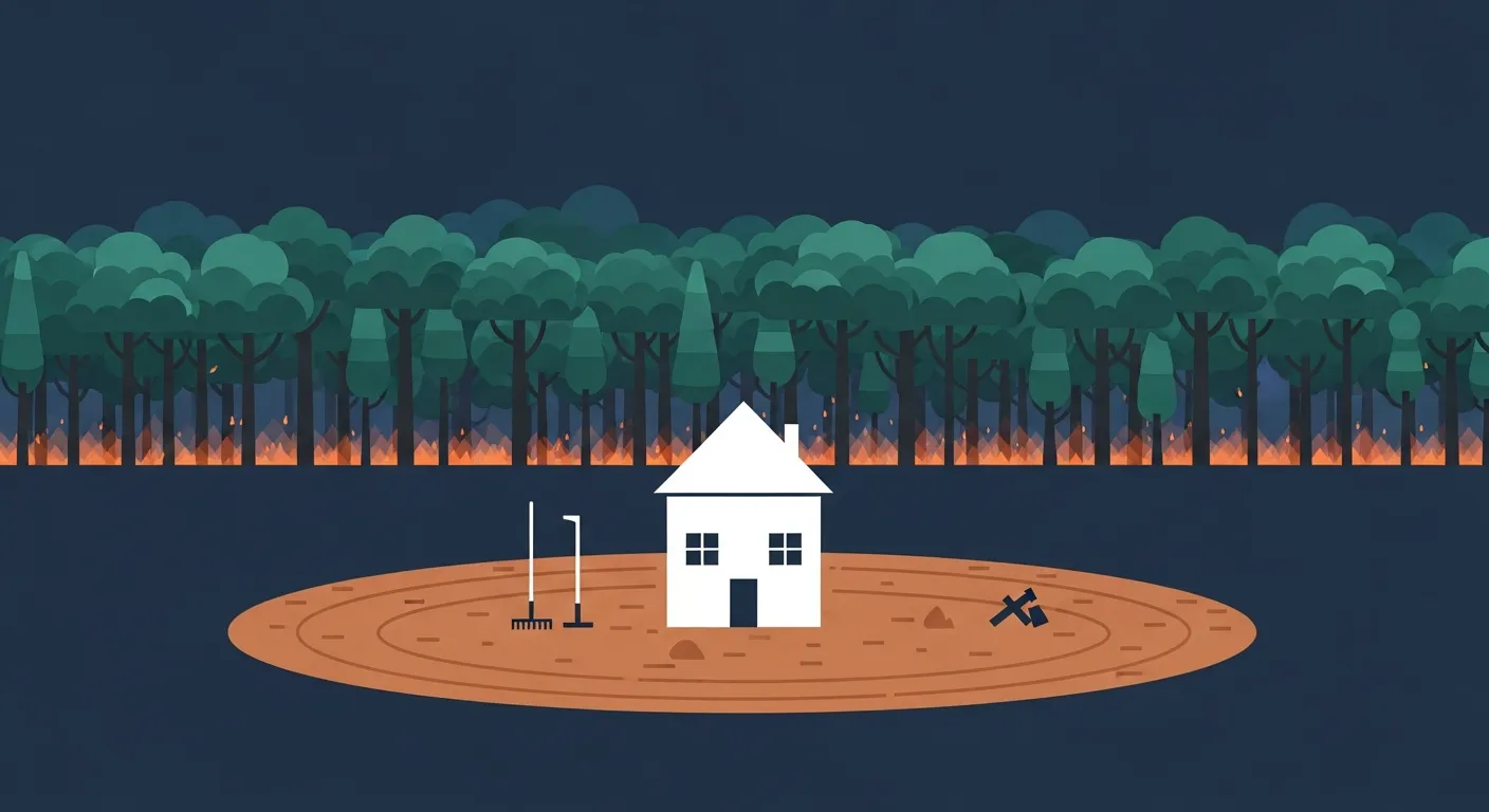 Illustration flat design d'une maison entourée d'une zone débroussaillée de sécurité au milieu d'une forêt de pins, flammes stylisées à la lisière, palette teal sur fond navy