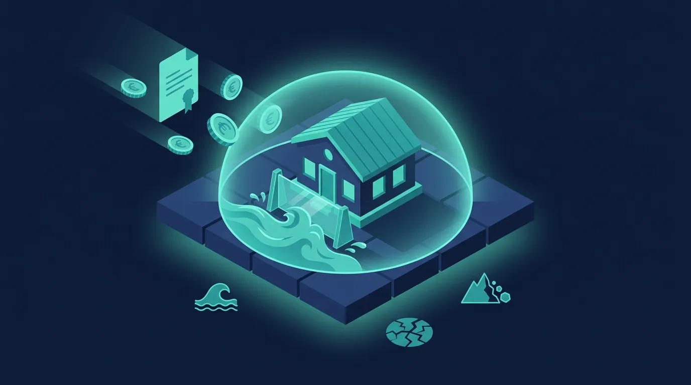 Illustration isométrique 3D teal sur fond navy : une maison protégée par un bouclier d'énergie et un batardeau, avec des pièces en euros et un document de subvention affluant vers elle, entourée d'icônes de risques naturels