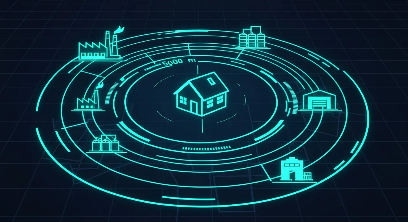 Illustration futuriste d'une maison au centre d'un radar teal balayant un rayon de 500 mètres et détectant des installations industrielles (usine, silos, entrepôt, dépôt) sous forme d'icônes holographiques sur fond navy