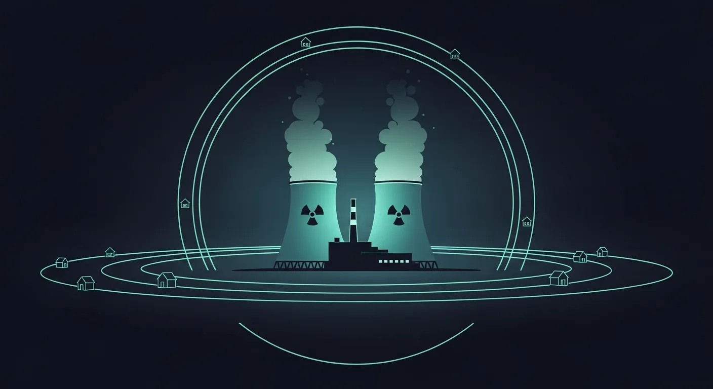 Illustration infographique teal d'une centrale nucléaire entourée de deux périmètres de sécurité circulaires parsemés de maisons, sur fond navy