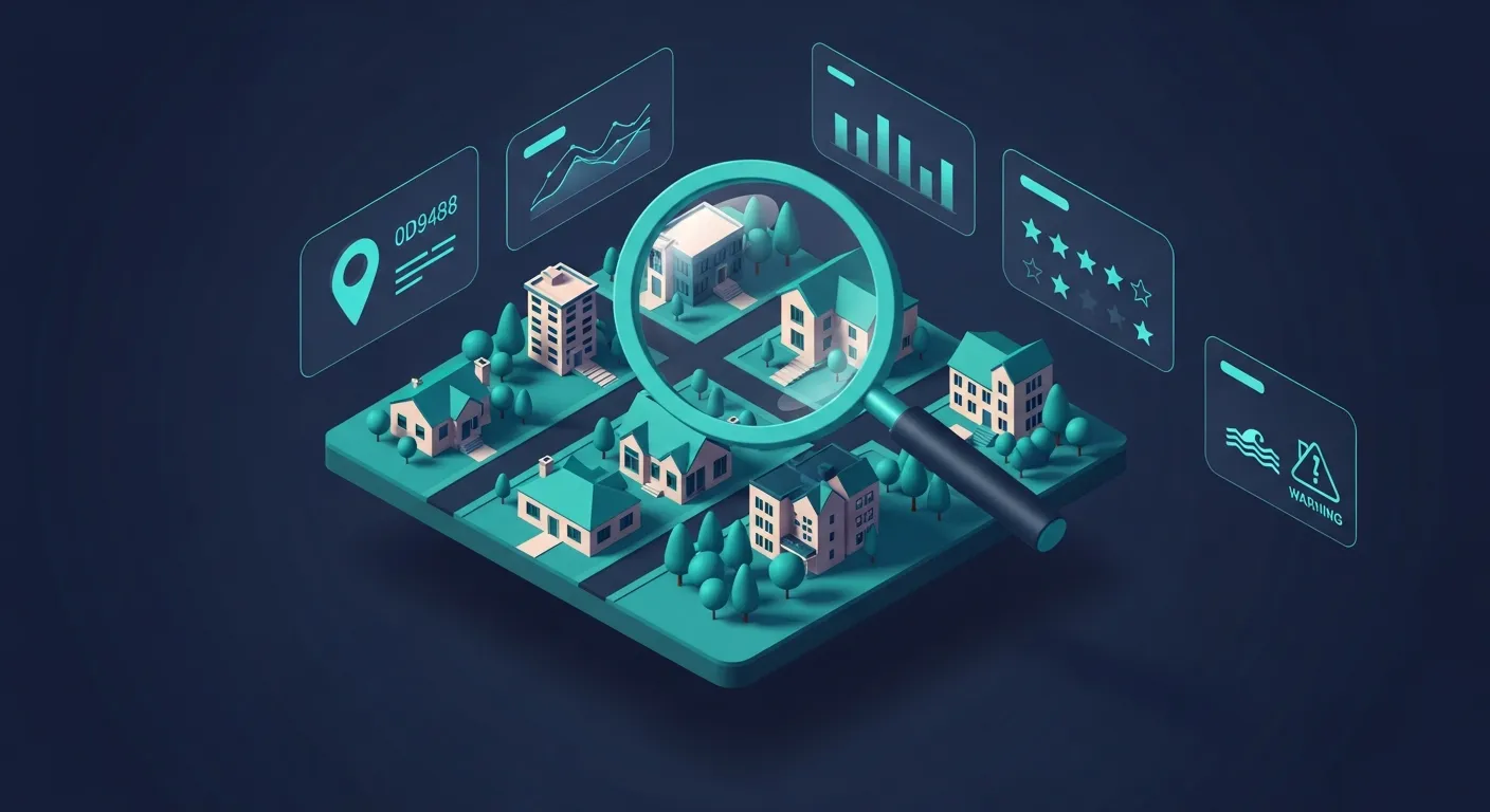 Illustration isométrique 3D teal sur fond navy d'un quartier résidentiel miniature inspecté à la loupe, entouré de cartes de données avec graphiques, épingle de localisation et icônes de risques naturels