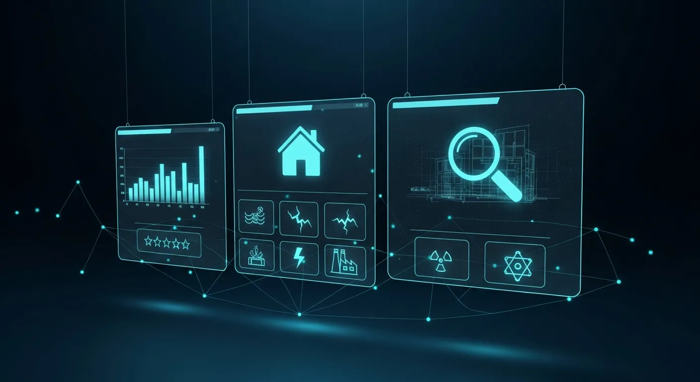 Illustration futuriste teal sur fond navy d'un tableau de bord holographique comparant plusieurs logiciels de diagnostic immobilier, avec étoiles de notation, graphiques, loupe, icône de maison et icônes de risques (inondation, fissure, usine, radon)