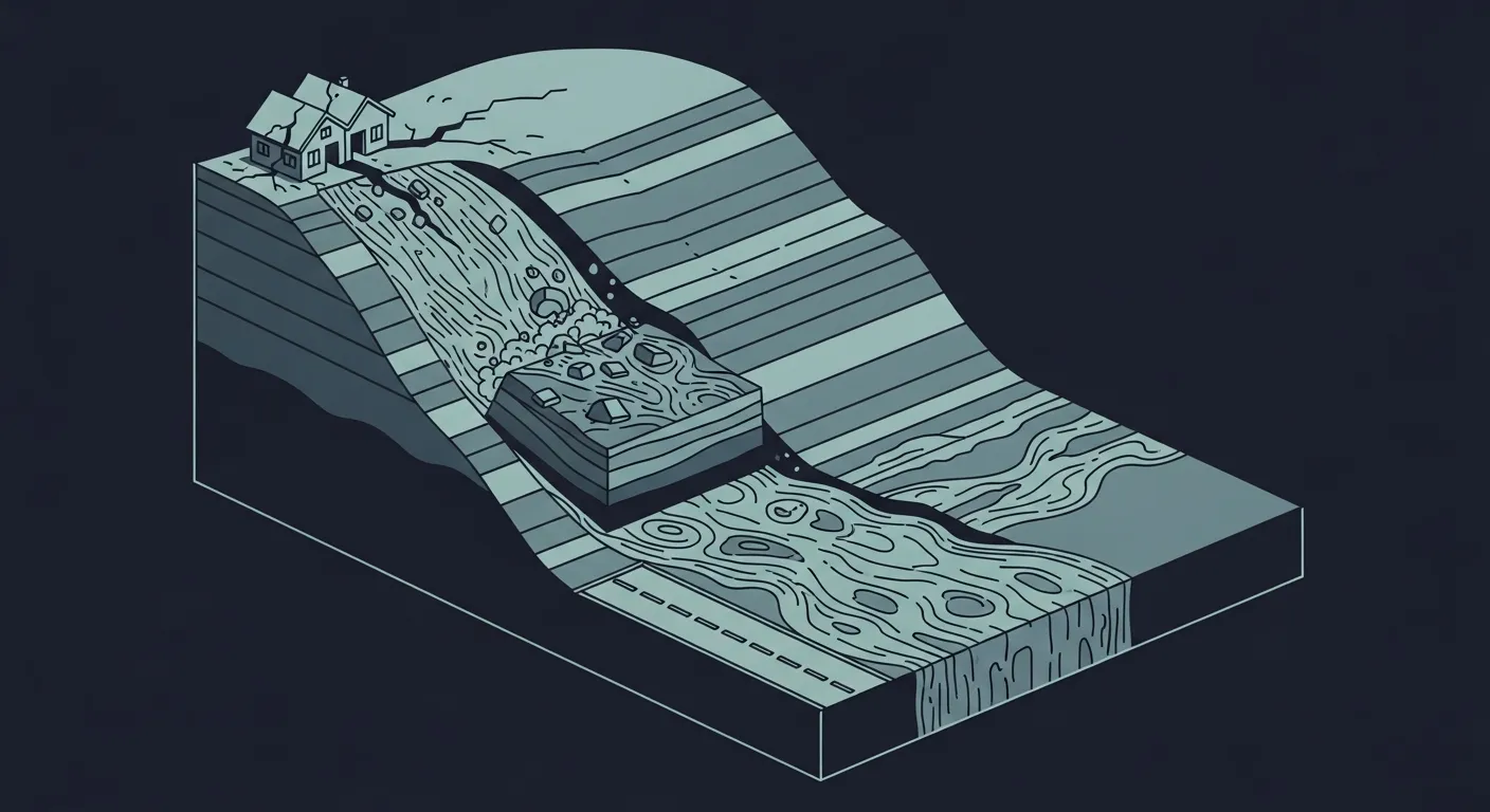 Illustration isométrique 3D en coupe d'un versant touché par un glissement de terrain, avec une masse détachée, une coulée de boue atteignant une route et une maison fissurée en crête, en teal sur fond navy
