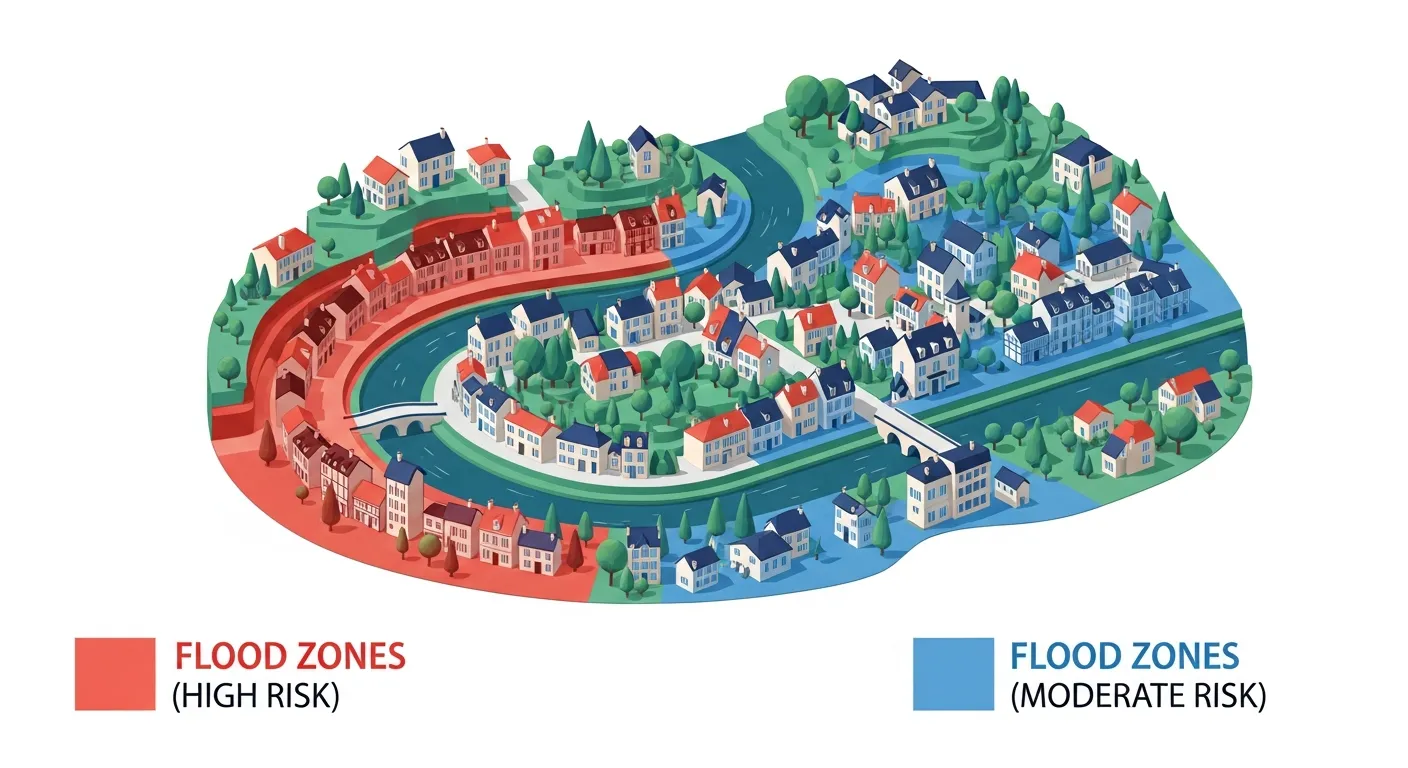 Illustration isométrique 3D d'une petite ville française traversée par une rivière, recouverte de zones de risque rouge et bleue, sur fond navy avec accents teal