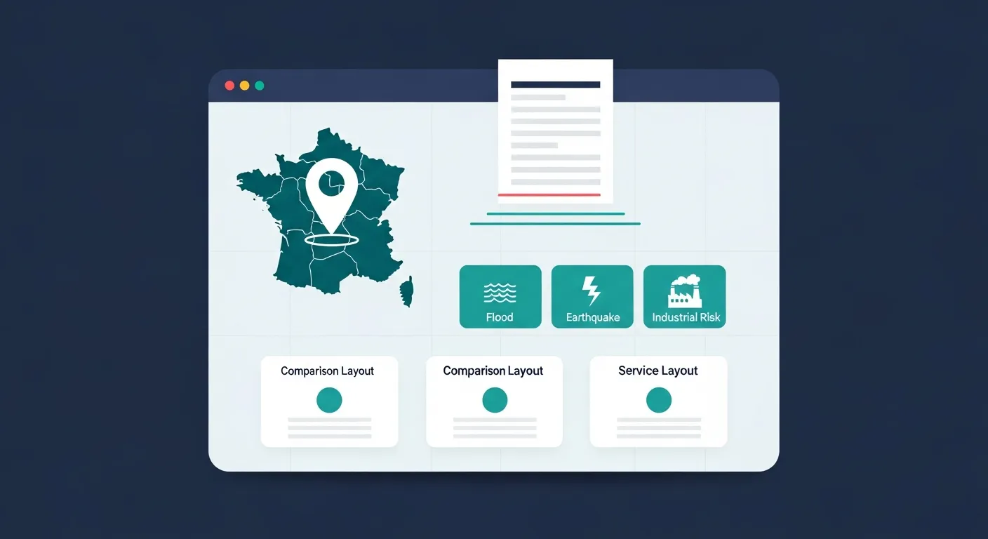 Illustration flat design teal sur fond navy d'un tableau de bord générant un état des risques immobilier, avec épingle de localisation, icônes de risques naturels et comparatif de services