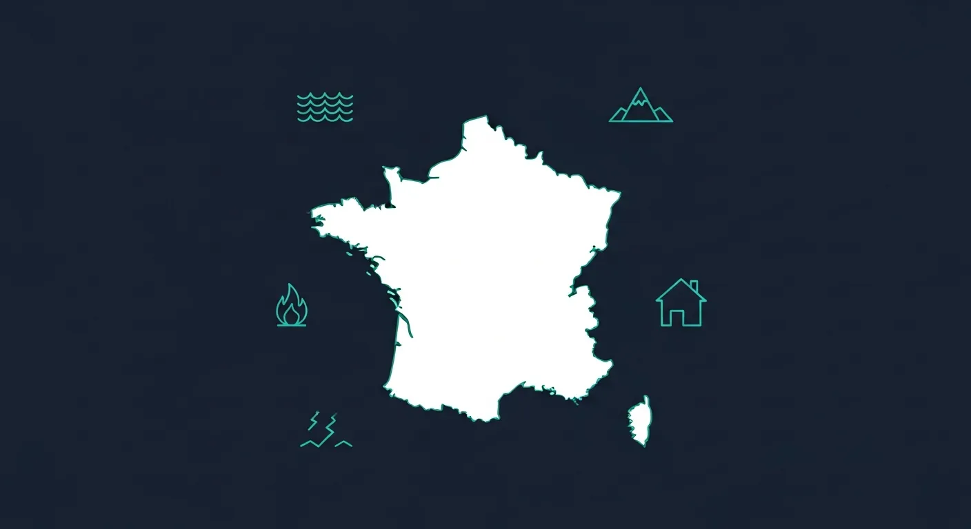 Illustration line art d'une carte de France et de la Corse en traits teal sur fond navy, entourée de pictogrammes de risques naturels : vagues d'inondation, montagne, flamme, maison et faille sismique