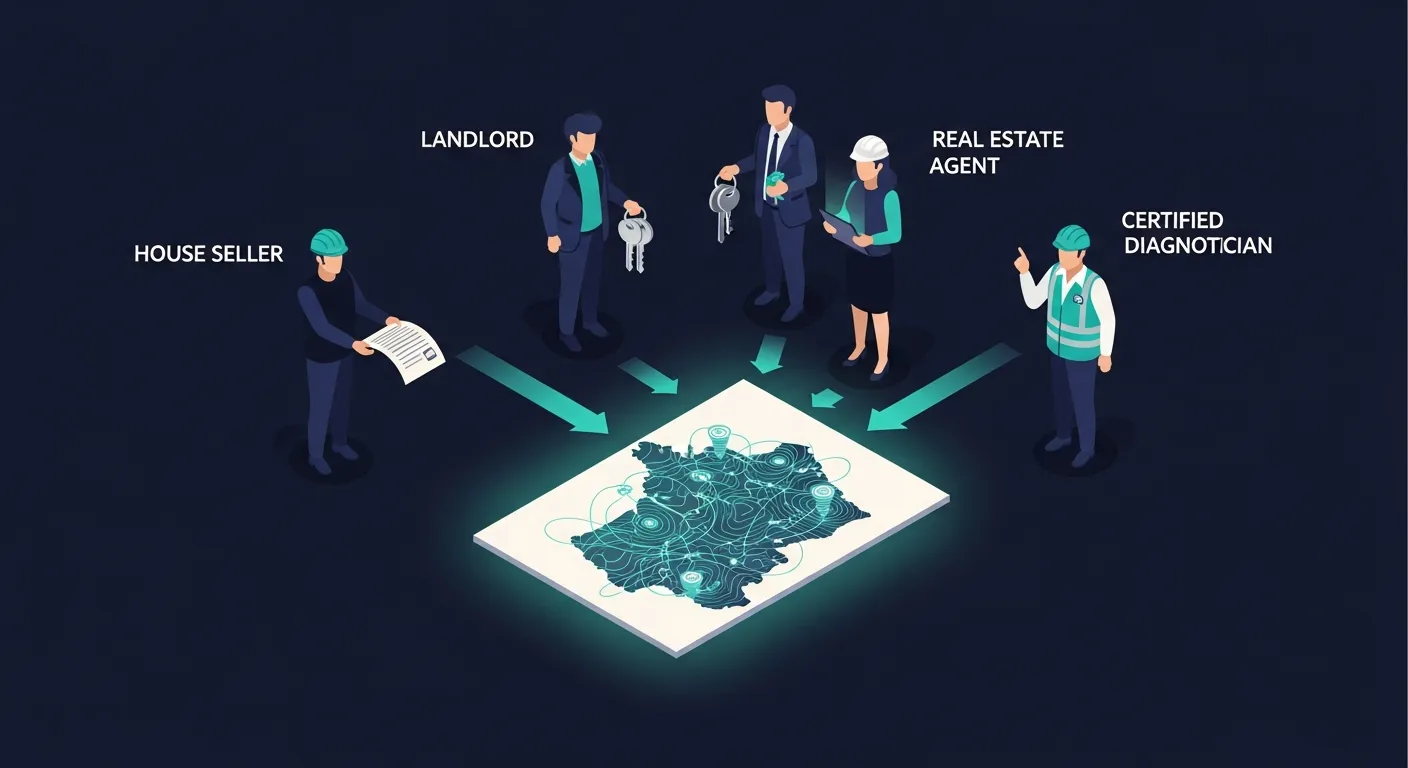 Illustration isométrique 3D sur fond bleu nuit montrant un vendeur, un bailleur, un agent immobilier et un diagnostiqueur reliés par des flèches teal vers un document d'état des risques central avec une carte de France