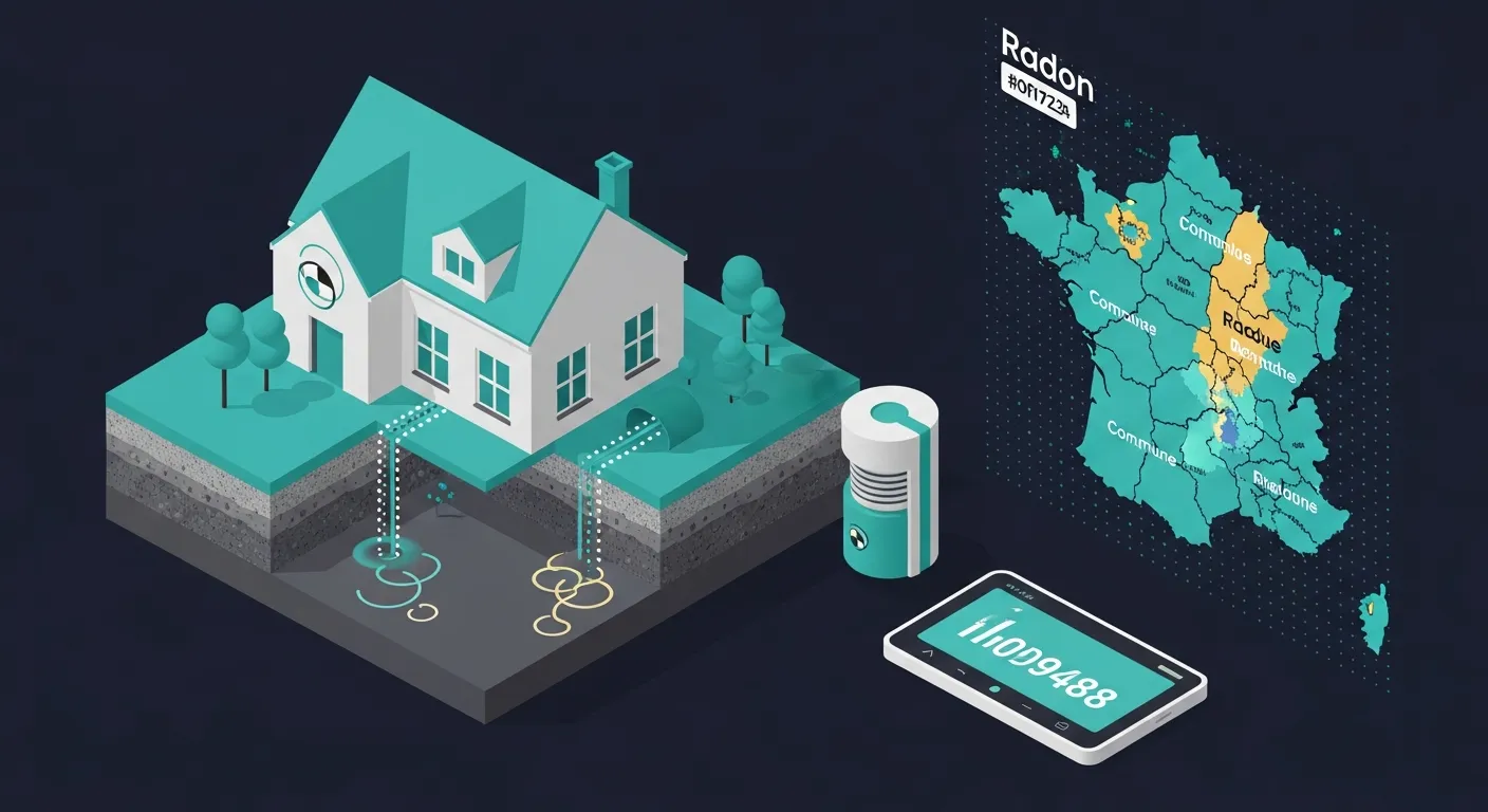 Illustration isométrique 3D d'une maison en coupe avec du radon remontant du sol, carte de France des zones à potentiel radon, détecteur et tableau de bord en teal sur fond navy