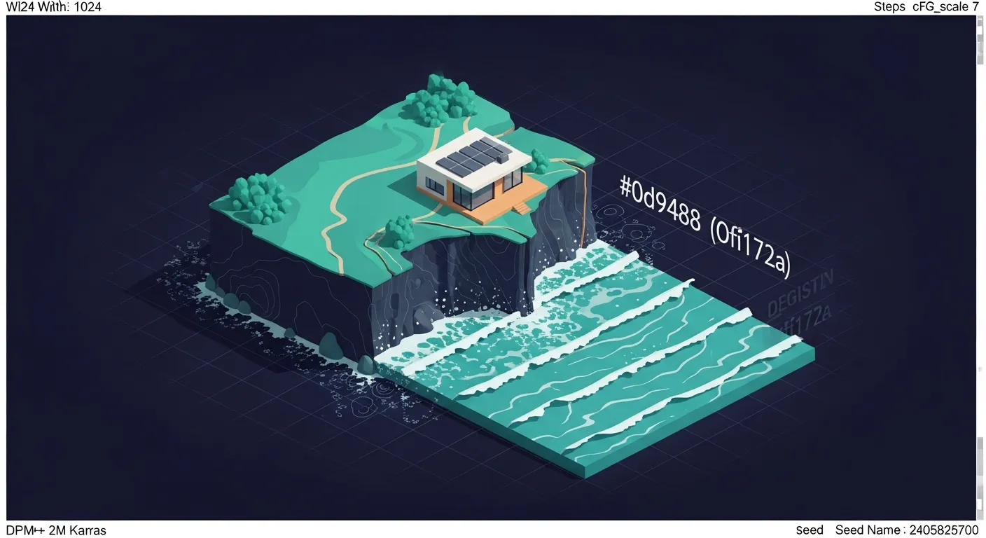 Illustration isométrique 3D d'une maison en bord de falaise menacée par l'érosion côtière, mer en teal sur fond navy