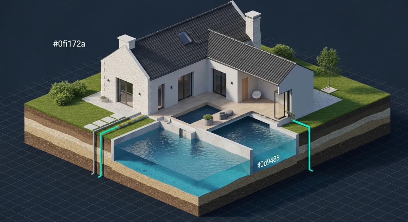Illustration isométrique 3D en coupe d'une maison dont le sous-sol est envahi par une nappe phréatique qui remonte vers les fondations, couches de sol et eau teal sur fond navy