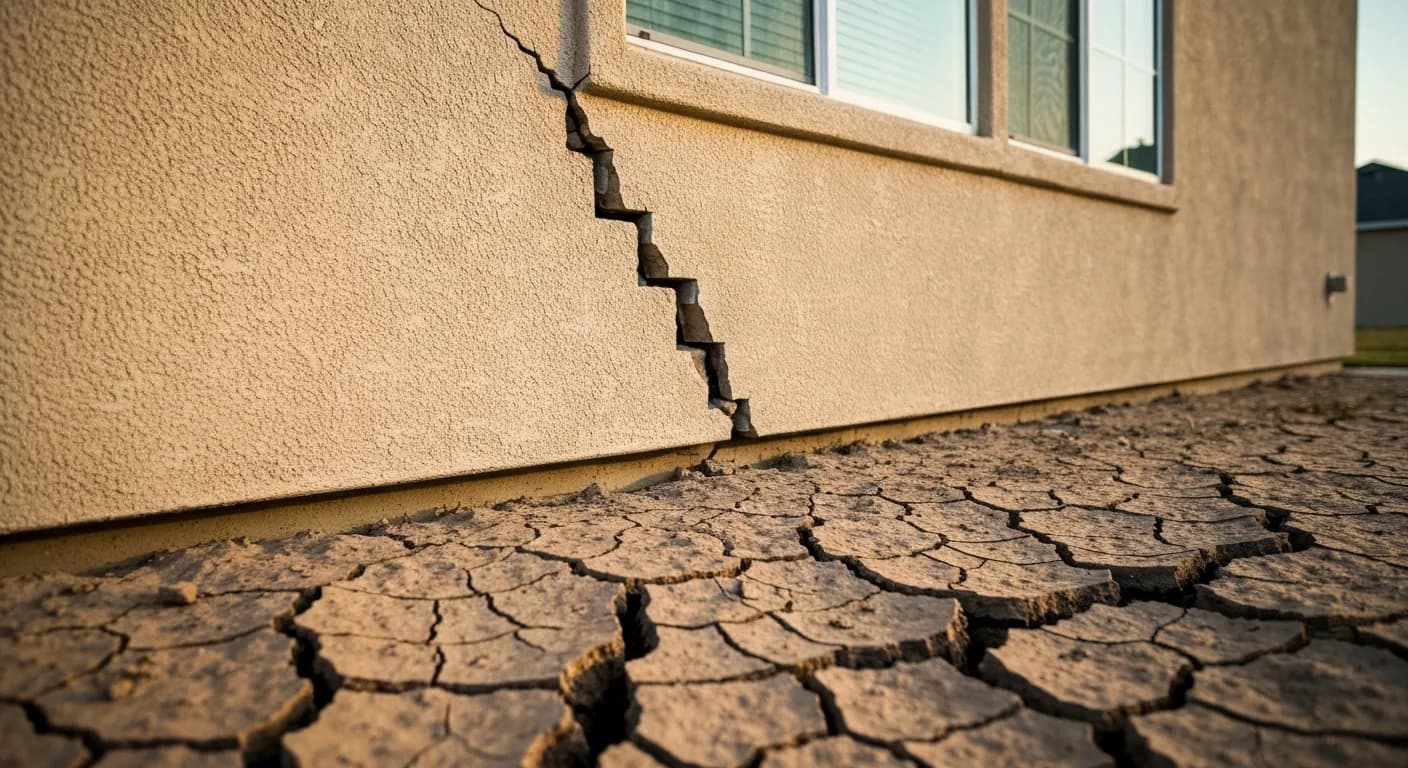 Photo réaliste d'un mur de maison beige fissuré en escalier au-dessus d'un sol argileux craquelé par la sécheresse, illustrant le retrait-gonflement des argiles