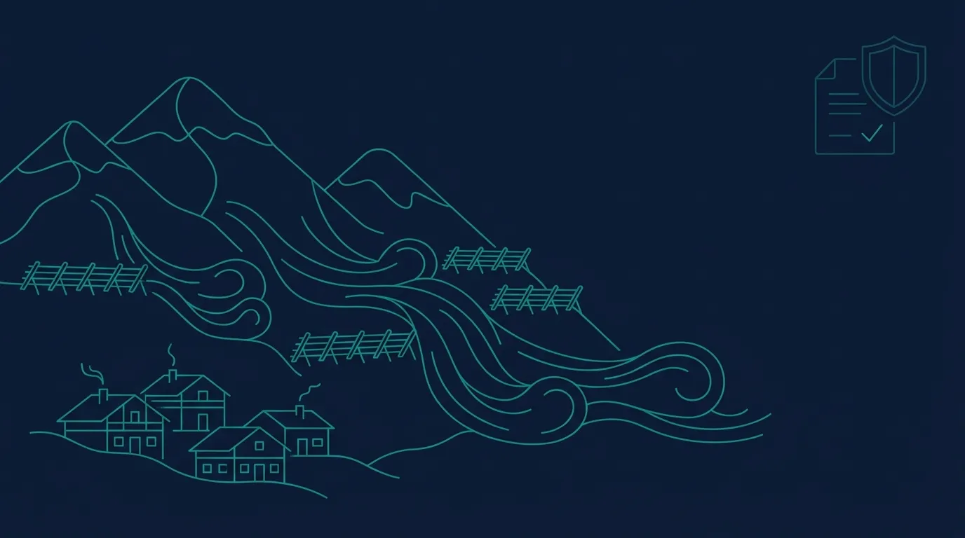 Illustration line art teal sur fond navy : un village de montagne avec des chalets au pied de sommets enneigés, des coulées d'avalanche stylisées et des barrières paravalanche, surmonté d'une icône document et bouclier symbolisant l'état des risques