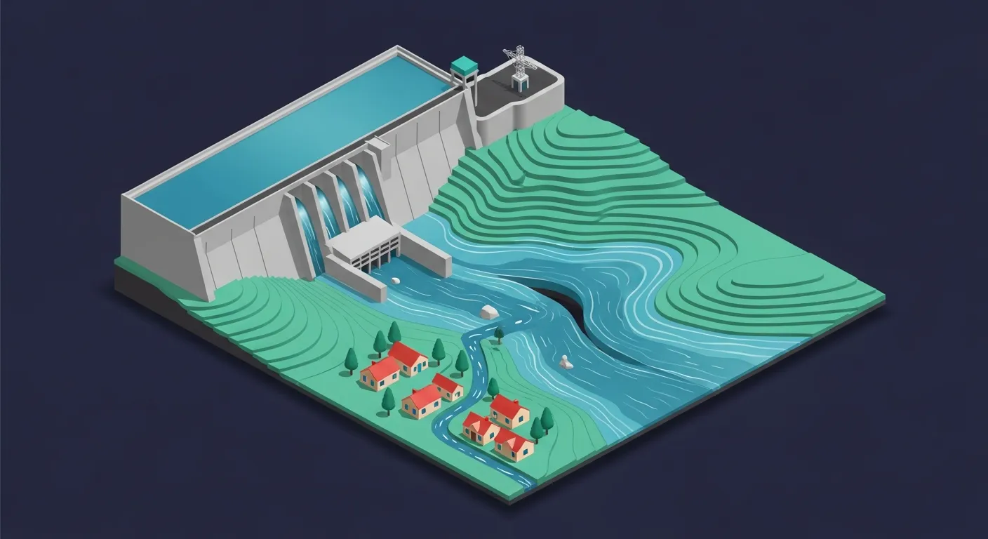 Illustration isométrique 3D d'un grand barrage retenant une retenue d'eau, avec une vallée en aval, des maisons et des zones d'onde de submersion sur une carte de risque, en teal sur fond navy