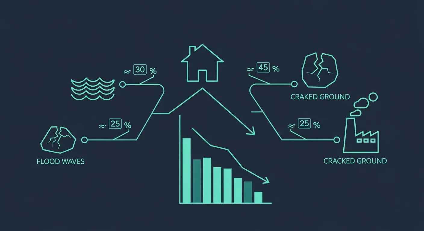 Infographie abstraite teal sur fond navy représentant une maison posée sur une courbe de prix descendante, entourée d'icônes de risques (vague d'inondation, sol fissuré, usine) reliées par des repères de pourcentage
