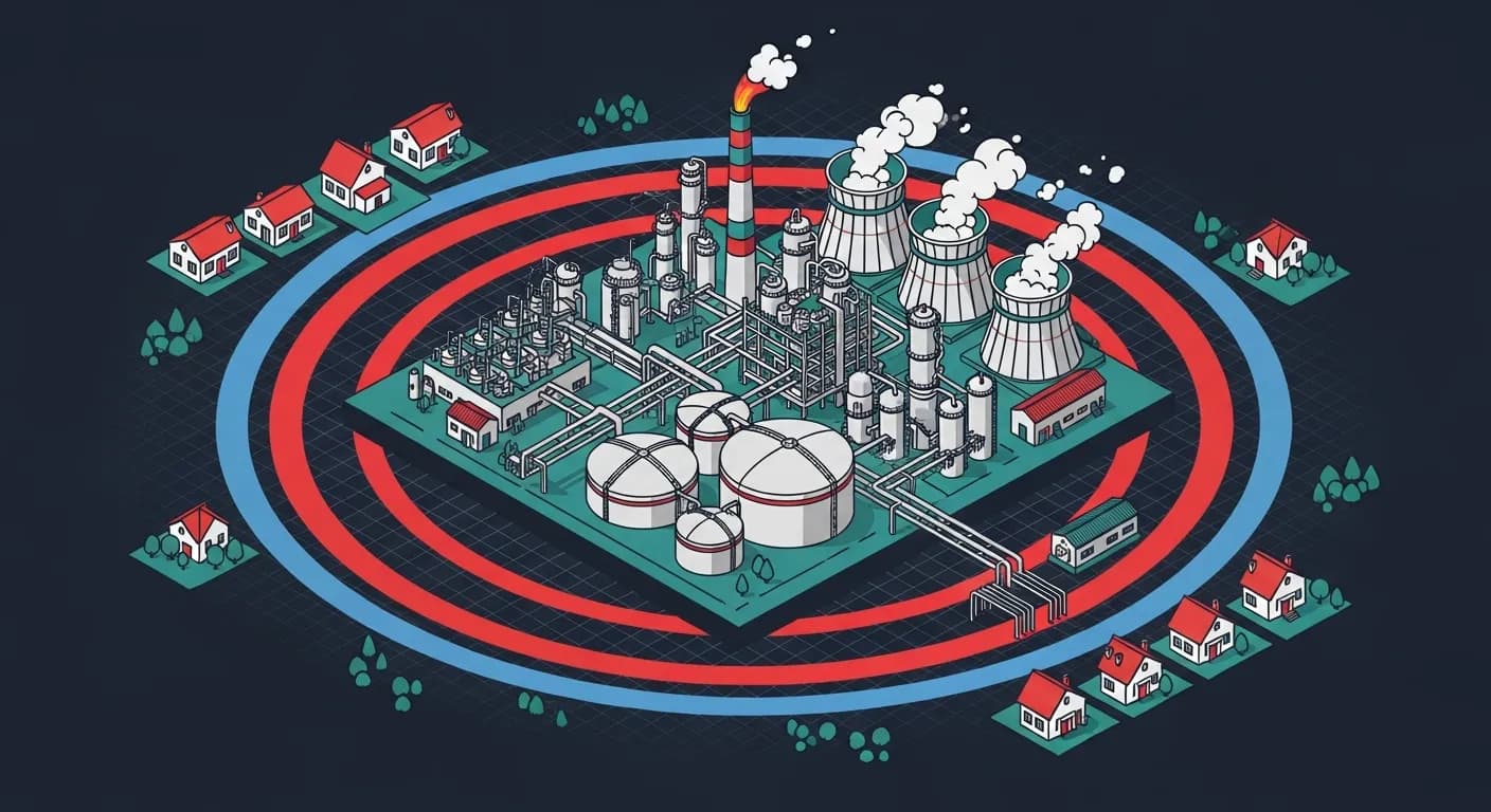 Illustration isométrique 3D d'un site industriel chimique Seveso entouré de zones de risque concentriques rouge et bleue près de maisons, sur fond navy avec accents teal