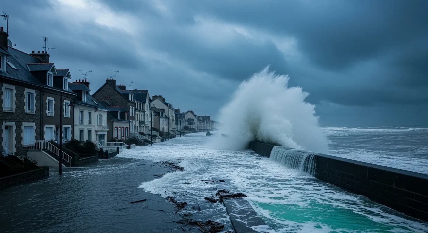 Photographie d'une ville côtière française partiellement inondée par une tempête et une submersion marine, tons navy et accents teal