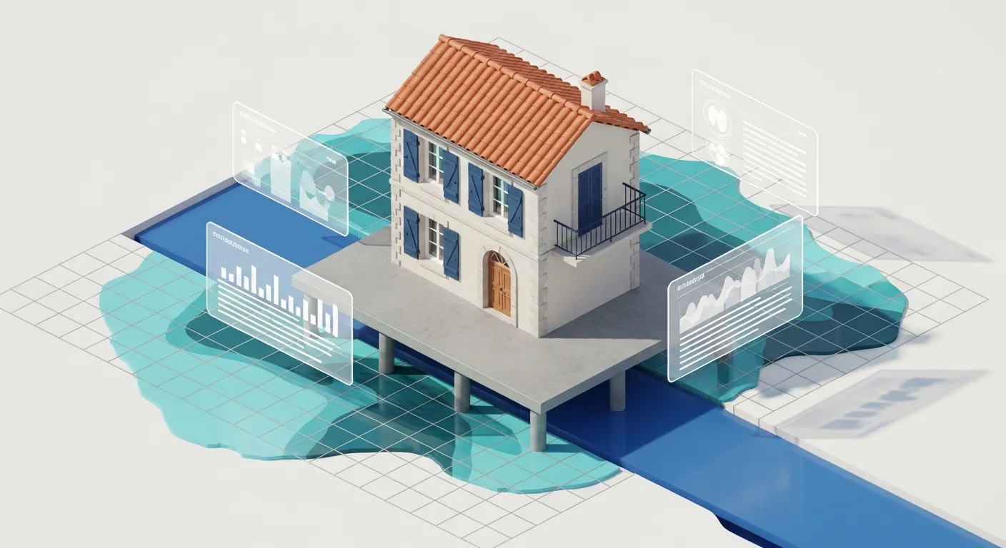 Illustration isométrique d'une maison surélevée au-dessus d'une zone inondable avec carte et indicateurs de risque