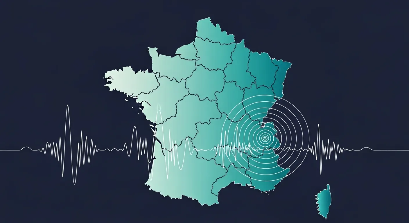Infographie abstraite d'une carte de France en dégradé teal représentant les cinq zones de sismicité, avec onde de sismographe et cercles d'épicentre, sur fond navy